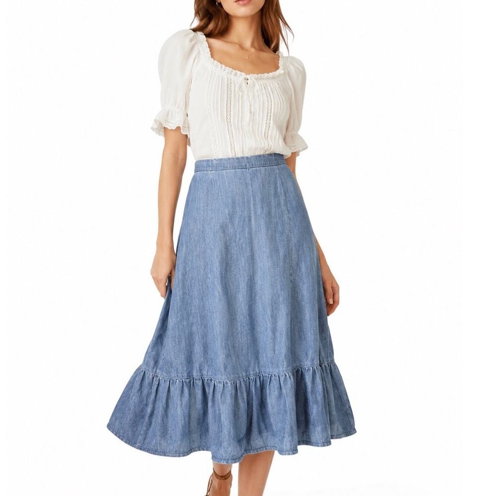 Handmade‎ Chambray Ruffle Hem Flowing Midi Skirt Western Boho Romantic Denim